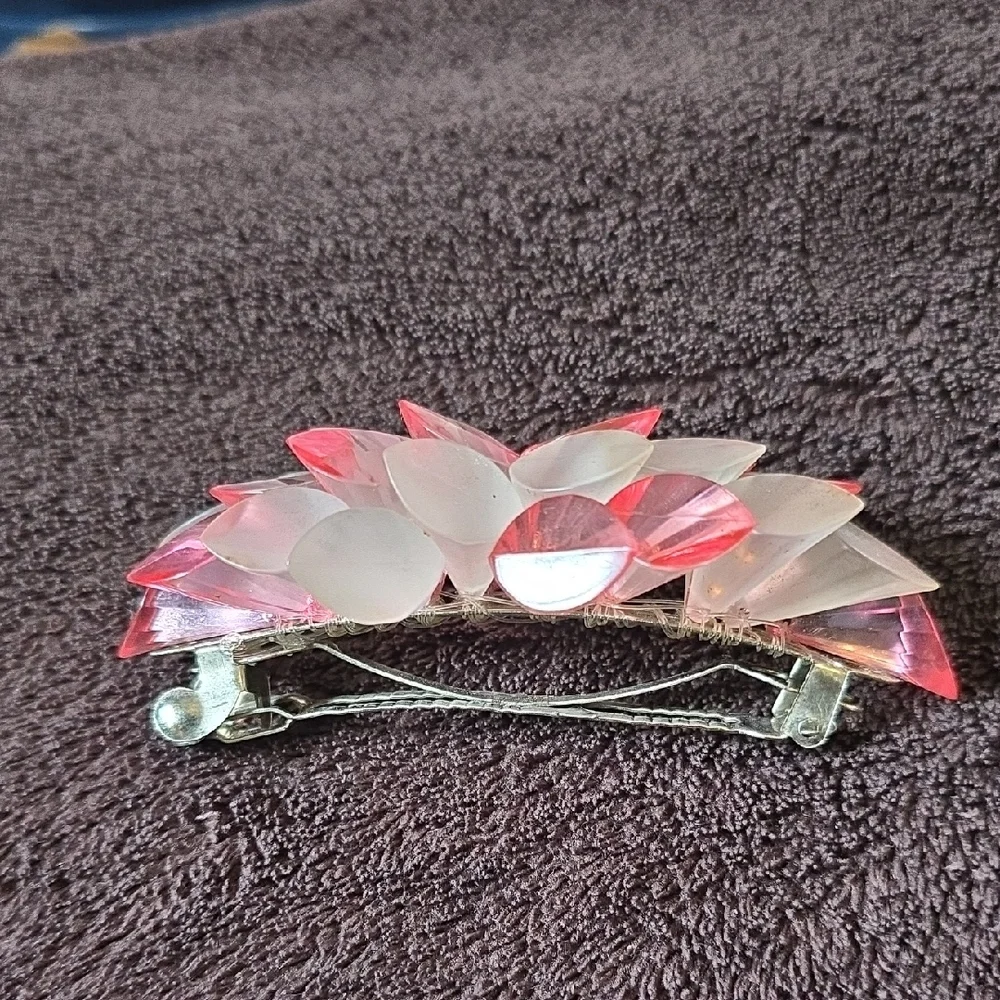 Vintage Floral Lucite/acrylic Hair Barrette — Pink & Iridescent